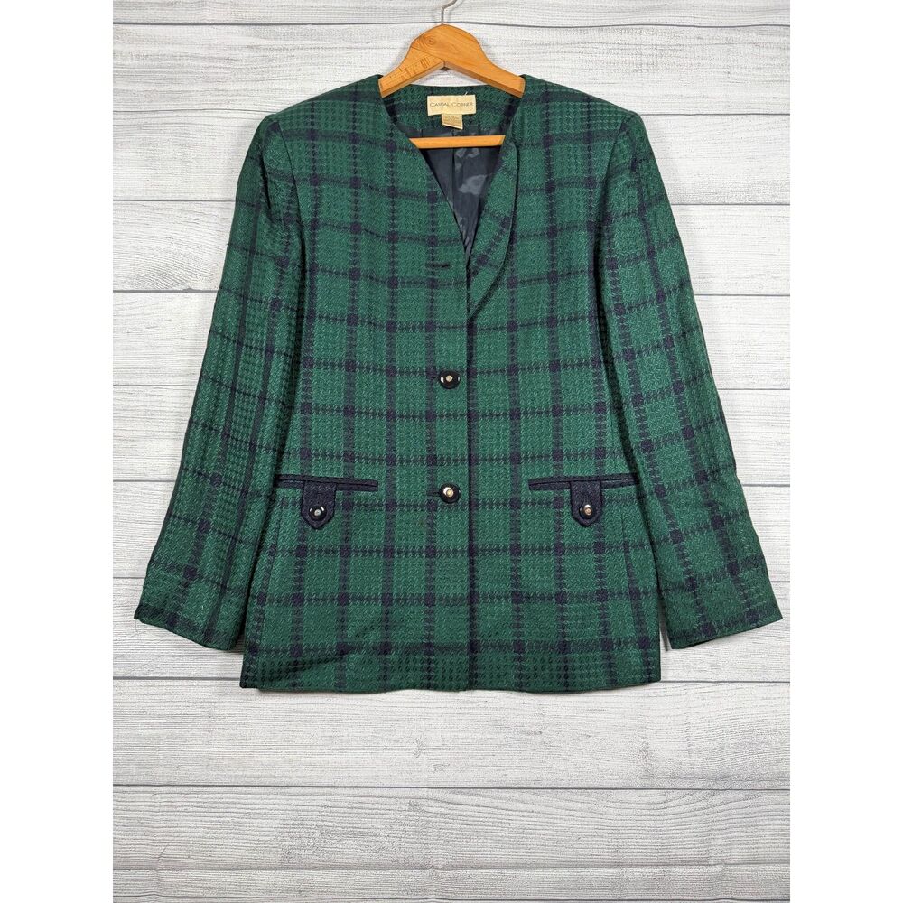 Vintage Casual Corner Women’s 12 Green Navy Plaid Rayon Blazer Jacket 4163